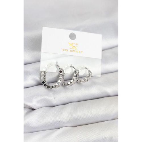 Pirinç Gümüş Renk Zirkon Taşlı Petek Halka Model YSX Trio Küpe Seti