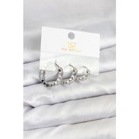 Pirinç Gümüş Renk Zirkon Taşlı Petek Halka Model YSX Trio Küpe Seti