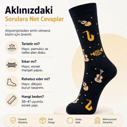 Kadın Müzik Enstrüman Desenli Soket Çorap 36-40 | Pamuklu Dikişsiz Siyah Uzun Konç Hediyelik