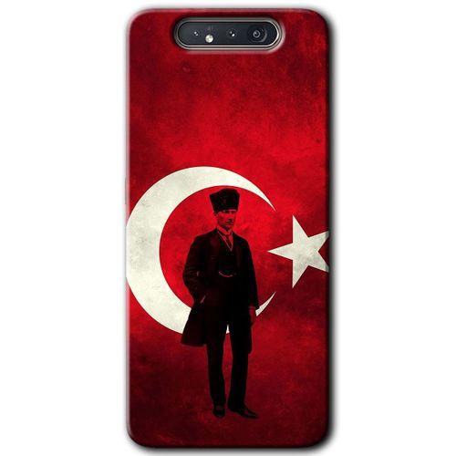 Samsung Galaxy A80 Kılıf Baskılı Kapak - Atatürk Bayrak + 5D Tam Kaplayan Cam