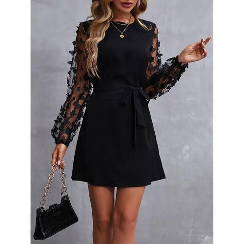 Kadın Uzun Kollu Bisiklet Yaka Kollar Tül Kelebek Detaylı Ithal Krep Elbise