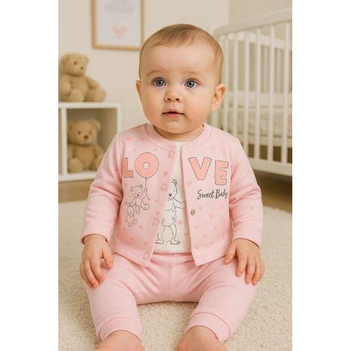 Love Tavşan Desenli Kol Detaylı 3'lü Hırkalı Kız Bebek Takım