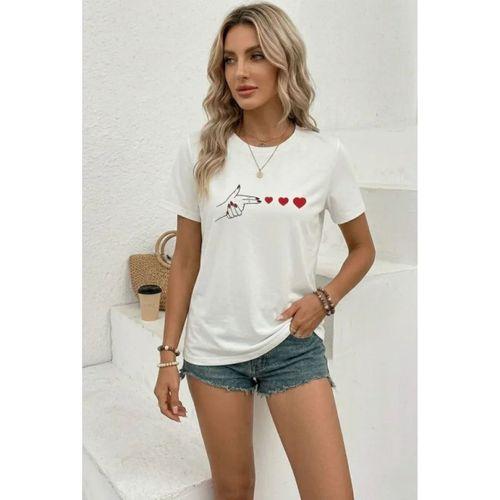 Minimal Kalp İşaret Baskılı Tişört Kısa Kol Yazlık T-Shirt - Beyaz