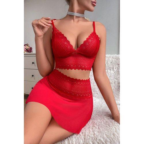 Kadın Kırmızı Dantel Ve Tül Detaylı Etekli Şık Gecelik Takımı