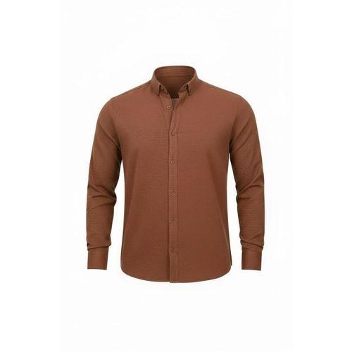 Scott – Soft Dokulu Yarım Oversize Modern Erkek Gömlek - Kahve