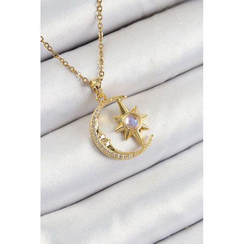 316L Çelik Zirkon Taşlı Kutup Yıldızlı Hilal Model Gold Renk Kadın Kolye
