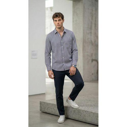 Felton Çizgili Saten Kumaş Tek Cepli Regular Fit Erkek Gömlek - Lacivert