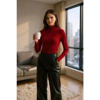 Kadın Bordo Parmak Geçmeli Uzun Kollu Body Esnek Fit Bluz