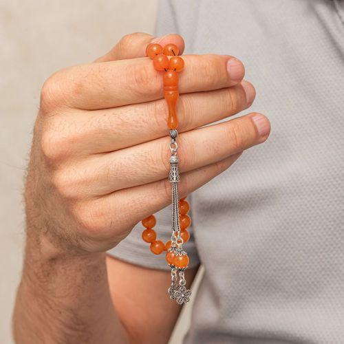 Gümüş Püsküllü Turuncu Yuvarlak Sıkma Kehribar Tesbih