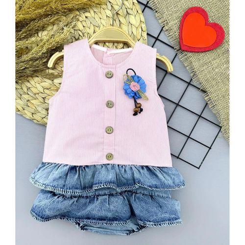 6-9-12-18 Ay Gül Rozet Detaylı Kot Kilotlu Etek Kız Bebek Elbisesi Pembe