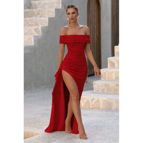 Kadın Madonna Yaka Pileli Derin Yırtmaçlı Uzun Ithal Krep Elbise