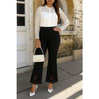 Kadın Yüksek Bel Paçaya Doğru Genişleyen Lazer çiçek Kesim Detaylı Ithal Krep Pantolon