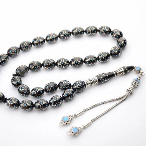 Kule Model Mavi Mine ve Gümüş İşlemeli Oltu Sıkması Tespih