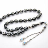 Kule Model Mavi Mine ve Gümüş İşlemeli Oltu Sıkması Tespih