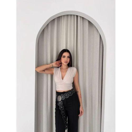 Vatkalı Kolsuz V Yaka Drapeli Crop Bluz Likralı Fit - Boyalı Gri