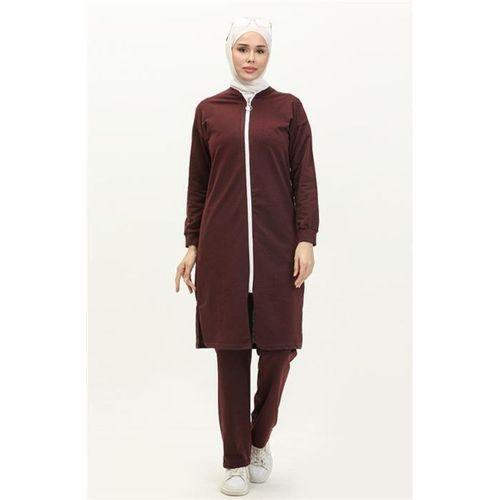 Bisiklet Yaka Fermuarlı Uzun Tunik Sade Basic Spor Takımı - 03044.009 - Bordo