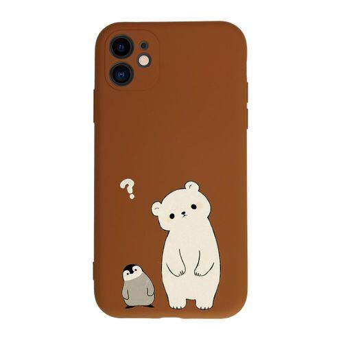 iPhone 11 Penguen ve Ayıcık Kamera Korumalı Kahverengi Lansman Kılıf Premium Silikonlu