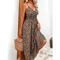 Kadın Ip Askılı Kruvazeli Yakalı Beli Lastikli Leopar Desenli Uzun Süprem Elbise