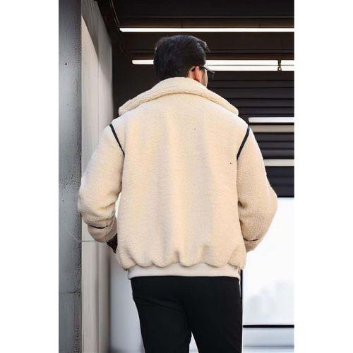 İçi Astarlı Şerit Detaylı Peluş Erkek Mont - Ekru