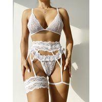Beyaz Dantel Bacak Bantlı Jartiyerli Sütyen Külot Takımı