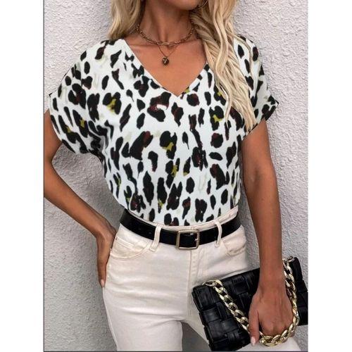 Pilelistore Kadın Kısa Kollu V Yaka Leopar Desen Krep Bluz
