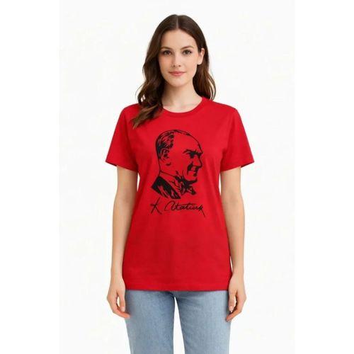Atatürk Baskılı Tişört Kısa Kollu Bisiklet Yaka  T-Shirt - Kırmızı