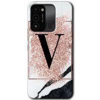 Tecno Spark 8C Kılıf HD Desen Baskılı Arka Kapak - Pembe Mermer Desenli V Harfi