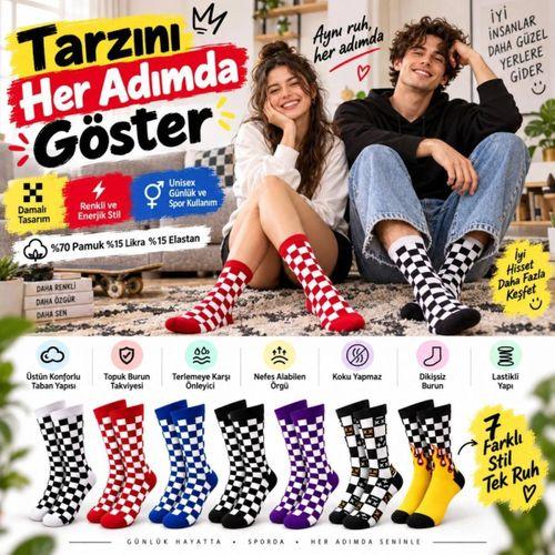 Unisex Çorap Dama Desenli Renkli 7'li Set Kareli Alev Desen Uzun Soket Günlük Spor Çorabı