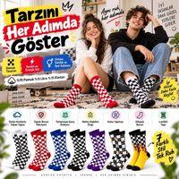 Unisex Çorap Dama Desenli Renkli 7'li Set Kareli Alev Desen Uzun Soket Günlük Spor Çorabı