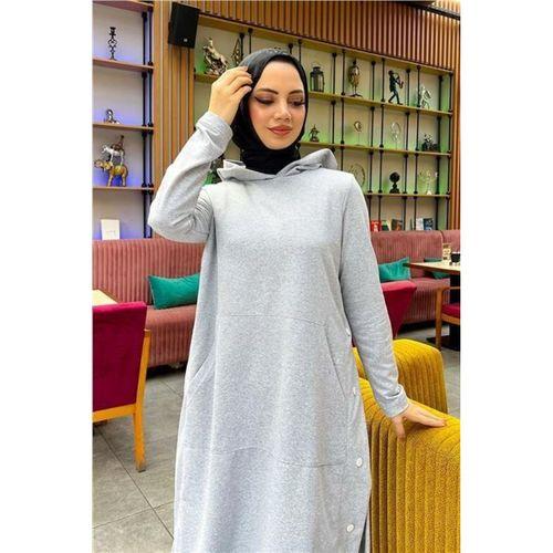 Kapşonlu Yandat Çıtçıtlı Sade Basic Uzun Tunik ve Pantolon İkili Spor Takım - 03071.008 - Gri