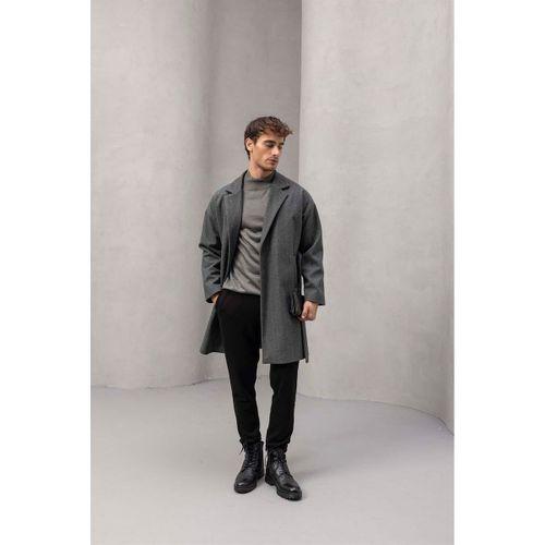 Carlo Oversize Kaşe Kaban Füme - Fincher Boğazlı Kazak Füme - Bezayağı Kumaş Pantolon Siyah