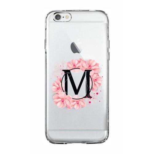iPhone 6 Pembe Çiçek Desen M Harfli Şeffaf Kılıf