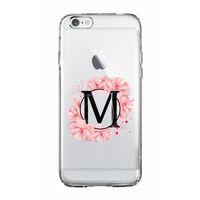 iPhone 6 Pembe Çiçek Desen M Harfli Şeffaf Kılıf