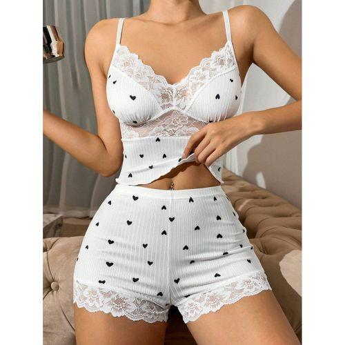 Kısa Şortlu Askılı Kalp Desenli Dantel Detaylı Pijama Takımı, Rahat Ve Şık Ev Giyim,kadın Pijama