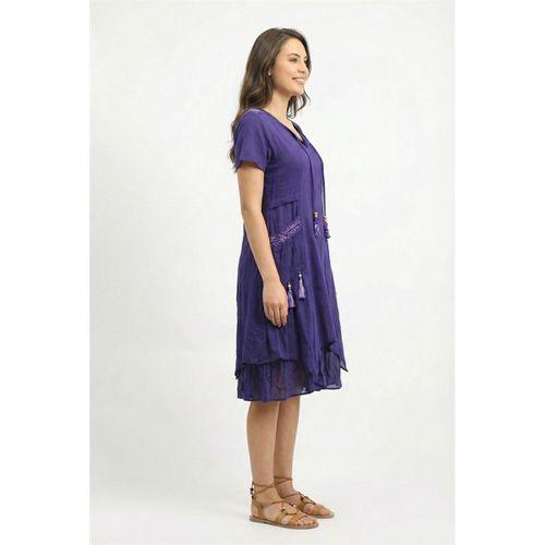 Kısa Kol Nil Vual Diz Boyu Çift Cepli Nakışlı Yazlık Elbise Mor Mor