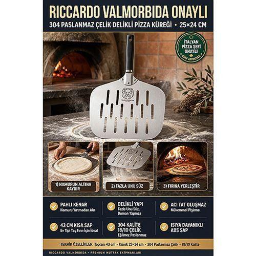 Delikli Pizza Küreği 18/10 Çelik 25x24 cm Kısa Saplı Ev Tipi Taş Fırın Pizza Pateli 723461