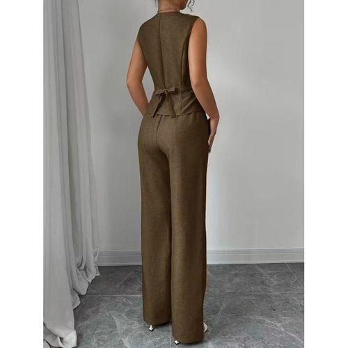 Kadın Askılı önden Düğmeli Bluz Ve Pantolon Keten Ikili Takım