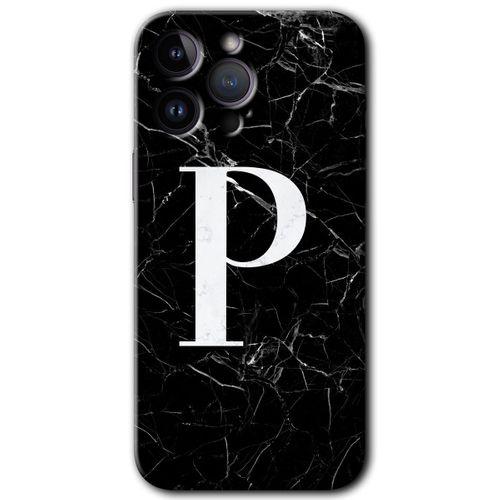 Potkal Hediye Fabrikası Potkal Hediye Fabrikası iPhone 14 Pro Max Kılıf HD Desen Baskılı Arka Kapak - Temperli Cam - Siyah Mermer Desenli P Harfi