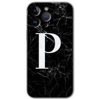 Potkal Hediye Fabrikası Potkal Hediye Fabrikası iPhone 14 Pro Max Kılıf HD Desen Baskılı Arka Kapak - Temperli Cam - Siyah Mermer Desenli P Harfi