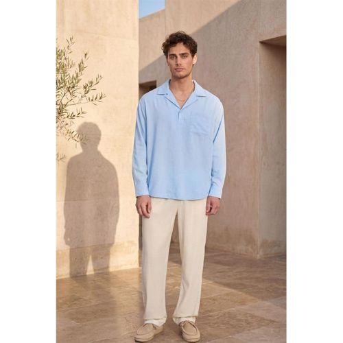 Sartre Apaş Yaka Tek Cepli İnce Modal Kumaş Oversize Uzun Kollu Yazlık Gömlek - Soğuk Mavi