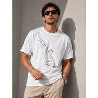 Erkek Minimal Kedi Çizim Baskılı Tişört Kısa Kol Yazlık T-Shirt - Beyaz