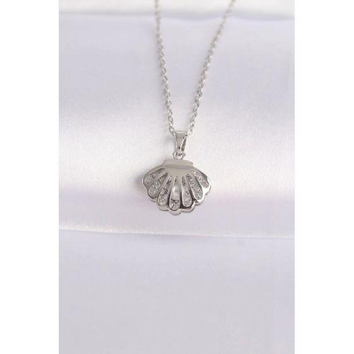 316L Çelik Zincir Gümüş Renk Zirkon Taşlı İnci Detay İstiridye Kolye