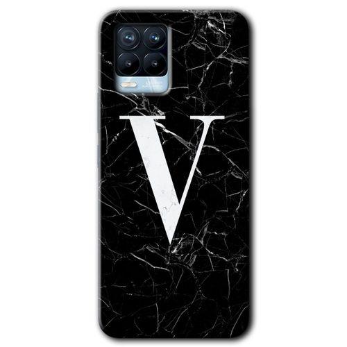 MRCİLETİSİM Realme 8 Pro Kılıf HD Desen Baskılı Arka Kapak + Temperli Cam - Siyah Mermer Desenli V Harfi