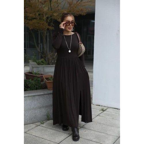 Kadın Kayık Yaka Sırt Dekoltesi Ve Yırtmaç Detay Maxi Boy Elbise