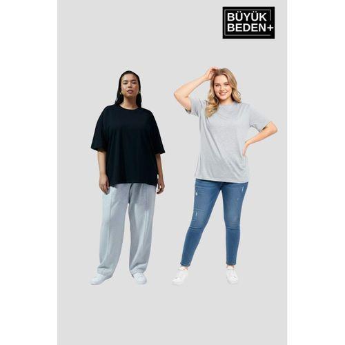 Büyük Beden Kadın  Basic Bisiklet Yaka 2 li Tişört Seti SPR26BTSK510+2