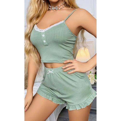 Kadın Yeşil Dantel Detaylı Şortlu Gecelik Pijama Takımı Şık Rahat 2’li Set