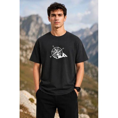 Erkek Outdoor Pusula Dağ Baskılı Kısa Kollu Oversize T-Shirt - Siyah