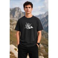 Erkek Outdoor Pusula Dağ Baskılı Kısa Kollu Oversize T-Shirt - Siyah