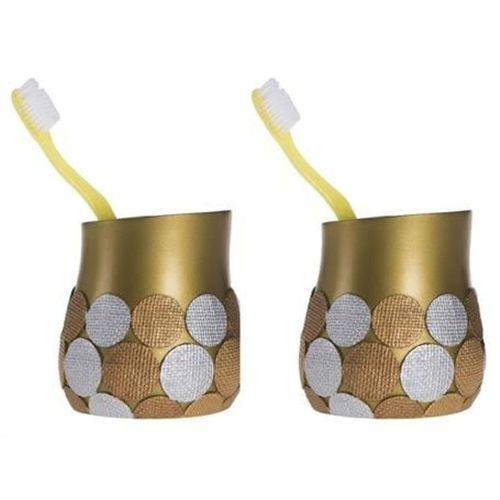 2 Adet Diş Fırçalık Altın Puanlı Poliresin 9X9X10Cm Banyo Seti