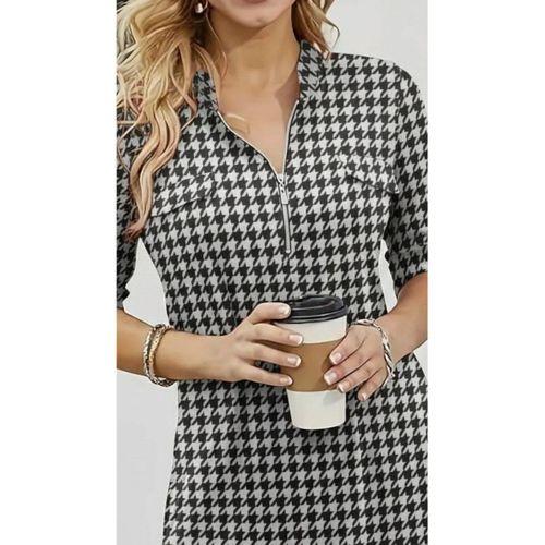 Kadın Uzun Kollu Hakim Yaka Yakadan Fermuarlı Geometrik Desenli Süprem Bluz